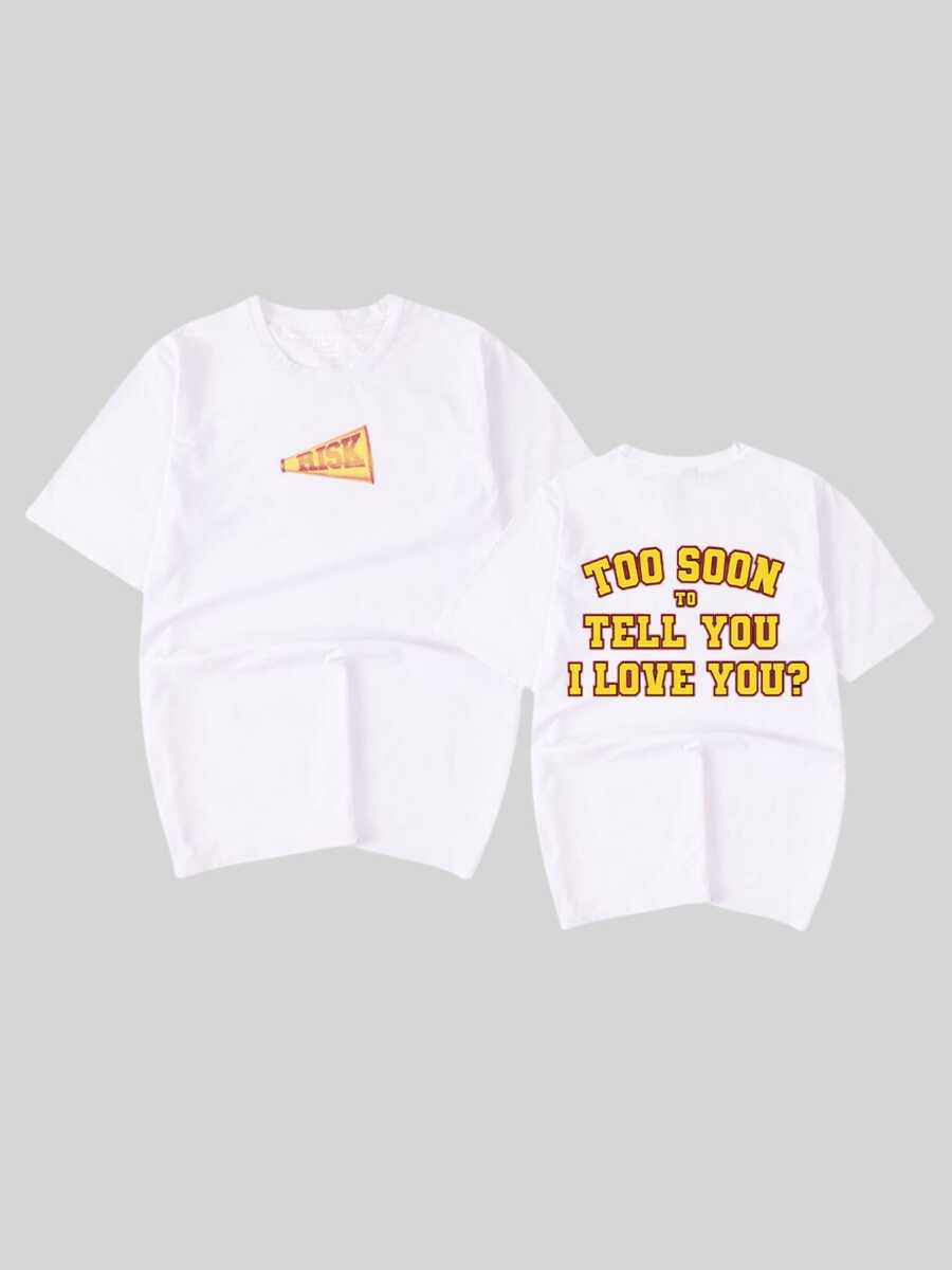 Mensaje valiente sobre tomar riesgos y expresar amor con letras grandes en ambos lados camiseta de hombre de doble impresión moderna - Blanco - Ver 1