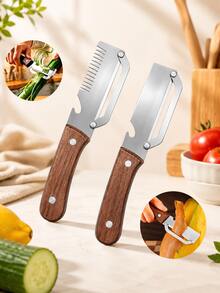 2pcs/1pc Stainless Steel Heavy Duty Peeler, Professional Sugarcane & Pineapple Slicer, With Wooden Handle, Multi-Functional Fruit & Vegetable Peeling Tool, Durable Kitchen Gadget, Suitable For Home & Outdoor - Multicolor - View 13