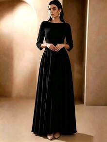 Solid Color Zipper Long Sleeve Minimalist Design Long Dress For Wedding Black - Black - View 3