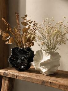 Wabi-Sabi Style Vintage Ins Lotus Leaf Textured Resin Vase, Glossy Black Pink Spotted Cream White, Retro Country Style Living Room Bedroom Homestay Desktop Decor Ornament, Zen Aesthetic Vase Gift - Wabi-sabi Art Vase - View 2