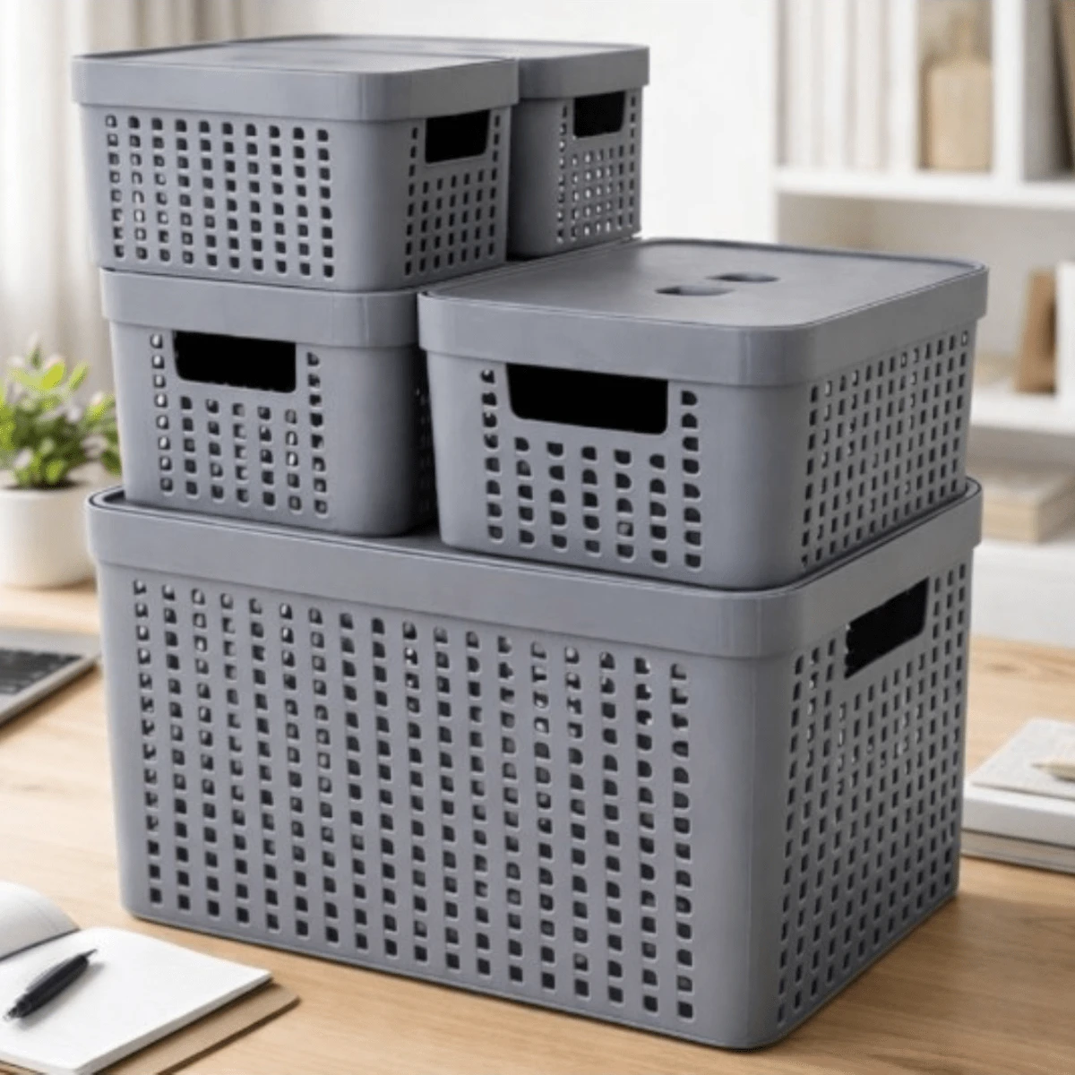 RVS E-COMMERCE Set Of 5 Organizer Boxes With Lid Large Basket In Resistant Plastic 2 L 4.5 L 17 L - Grey - View 1