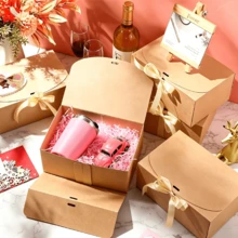 12pcs Kraft Paper Folding Flip Top Gift Boxes With Gold Ribbon, Birthday Wedding Party Favor Gift Packaging Boxes, Valentine's Day And Various Holiday Party Gift Boxes - Brown - View 3