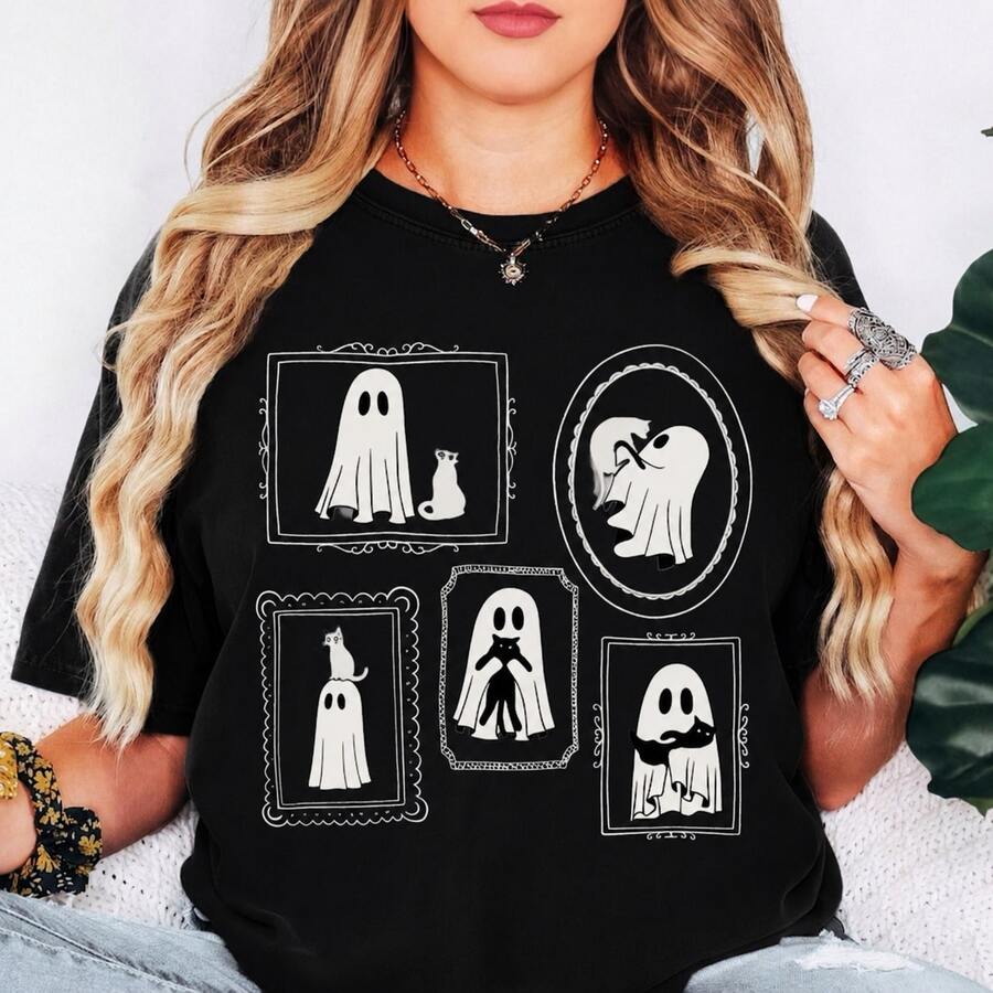 Halloween Cat Ghost Shirt Cute Ghost Shirt Cat Mama Halloween Shirt Black Cat Tee Halloween Ghost Spooky Shirt Halloween Gift - 黑色 - 查看 1