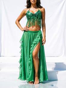 Atasan Crop Top Halter Berhiaskan Payet dan Rumbai untuk Tari Perut, Rok Maxi Chiffon Berpotongan Tinggi dengan Hiasan Perak untuk Pertunjukan Panggung & Karnaval - MultiWarna - View 4