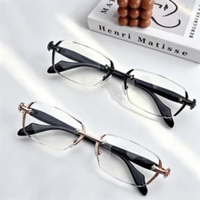 1pc/2pcs/4pcs Men's Metal Rimless Cut Edge Fashion Plain Lens Glasses Suitable For Daily Wear - Black + Rose Gold - View 13