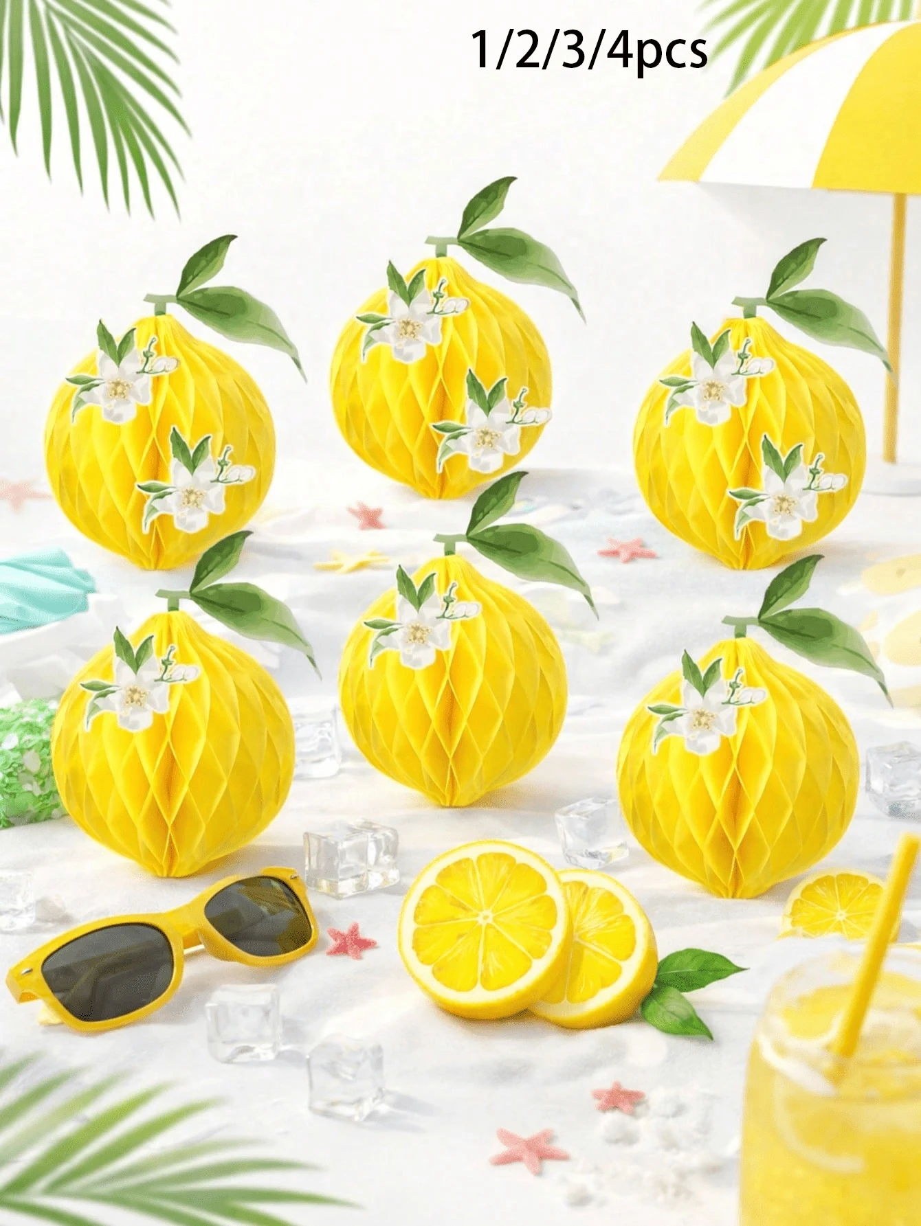 1/2/3/4 Stücke Zitronen-Wabenball-Dekorationen, Hängedekoration, Zitronen-Papiergirlande, geeignet für tropische hawaiianische Dschungelparty, Geschenk, Tischdekoration, Outdoor-Picknick, Camping, Obst-Themenparty, Babyparty, Gender-Reveal-Party