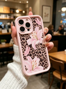 1件時尚豹紋百合花手機殼，適用於 iPhone 17 16 15 14 13 12 11 系列，鑽石沙軟殼保護殼 - 粉色 - 查看 1