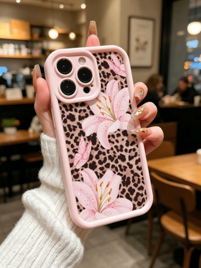 1件時尚豹紋百合花手機殼，適用於 iPhone 17 16 15 14 13 12 11 系列，鑽石沙軟殼保護殼