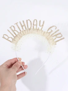 1件米色薄紗生日快樂髮箍 金箔字母與亮片星星髮飾 女款 生日派對拍照道具 - 米色 - 查看 2