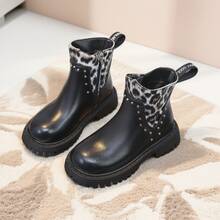 Botas de combate para niños con estampado de leopardo negro, patchwork, cremallera lateral, detalle de remaches, suela gruesa y tacón ancho - Negro - Ver 4