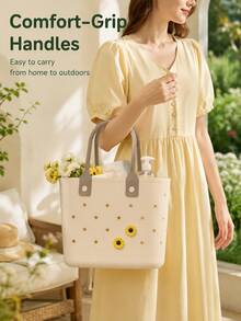 Floral Print Rubber Beach Tote Bag, Made Of Durable Material And Soft Handle; Suitable For Storing Bath Supplies, Shopping Items, Camping Gear, Etc., A Reusable Multi-Functional Storage Bag, Perfect For Home Use And Travel - Multicolor - View 7