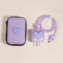 1 Set Funda Protectora para Cargador de Apple + Bolsa de Almacenamiento de Cable de Datos de Caparazón Duro, Esencial de Almacenamiento para Oficina, Viaje y Dormitorio, Regalo Sorpresa para la Novia - Juego de seis piezas en forma de corazón de color lila claro - Ver 7