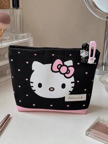 MINISO Sanrio Hello Kitty 黑粉心形印花化妝包，可愛拉鍊式化妝收納袋，旅行盥洗用品與保養品日常必需品收納袋 - 彩色 - 查看 1