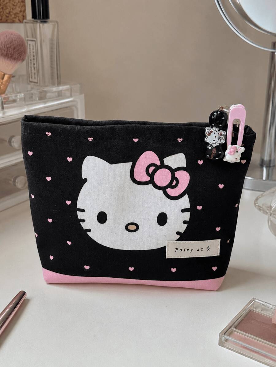MINISO Sanrio Hello Kitty 黑粉心形印花化妝包,可愛拉鍊式化妝收納袋,旅行盥洗用品與保養品日常必需品收納袋 - 彩色 - 查看 1