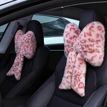 2 Pcs Car Neck Pillow Plush Bow Headrest Pillow Pink Leopard Seat Neck Support Accessories For Driving Travel - Pink - View 2