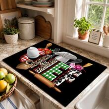 1pc Home Decor Chef Pattern Printed Dish Drying Mat, Coffee Machine Absorbent Mat, Sink Drainage Mat, Cup Absorbent Mat, Kitchen Supplies, Bathroom Supplies, Kitchen Countertop Decor - Multicolor - View 3