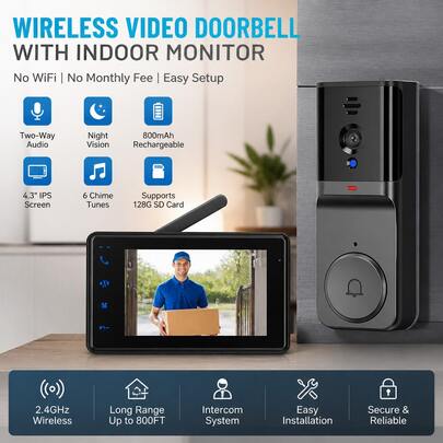 Wireless Video Doorbell With 4.3'' IPS Display Screen, No WiFi Required 2.4G Intercom System, Two-Way Audio Talk, Infrared Night Vision, 800mAh Rechargeable Battery, 6 Chime Tunes, Supports 128G SD Card - Black