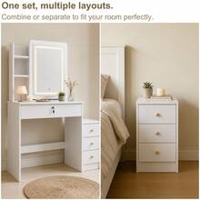 Split Dressing Table With Square Bright Mirror, White Dressing Table With Removable Drawers (Nightstand), Storage Rack, Bedroom Storage Rack, Space-Saving Dressing Table, Suitable For Small Space, Suitable For Holiday Gifts For Girls, Moving Gifts - White - View 7