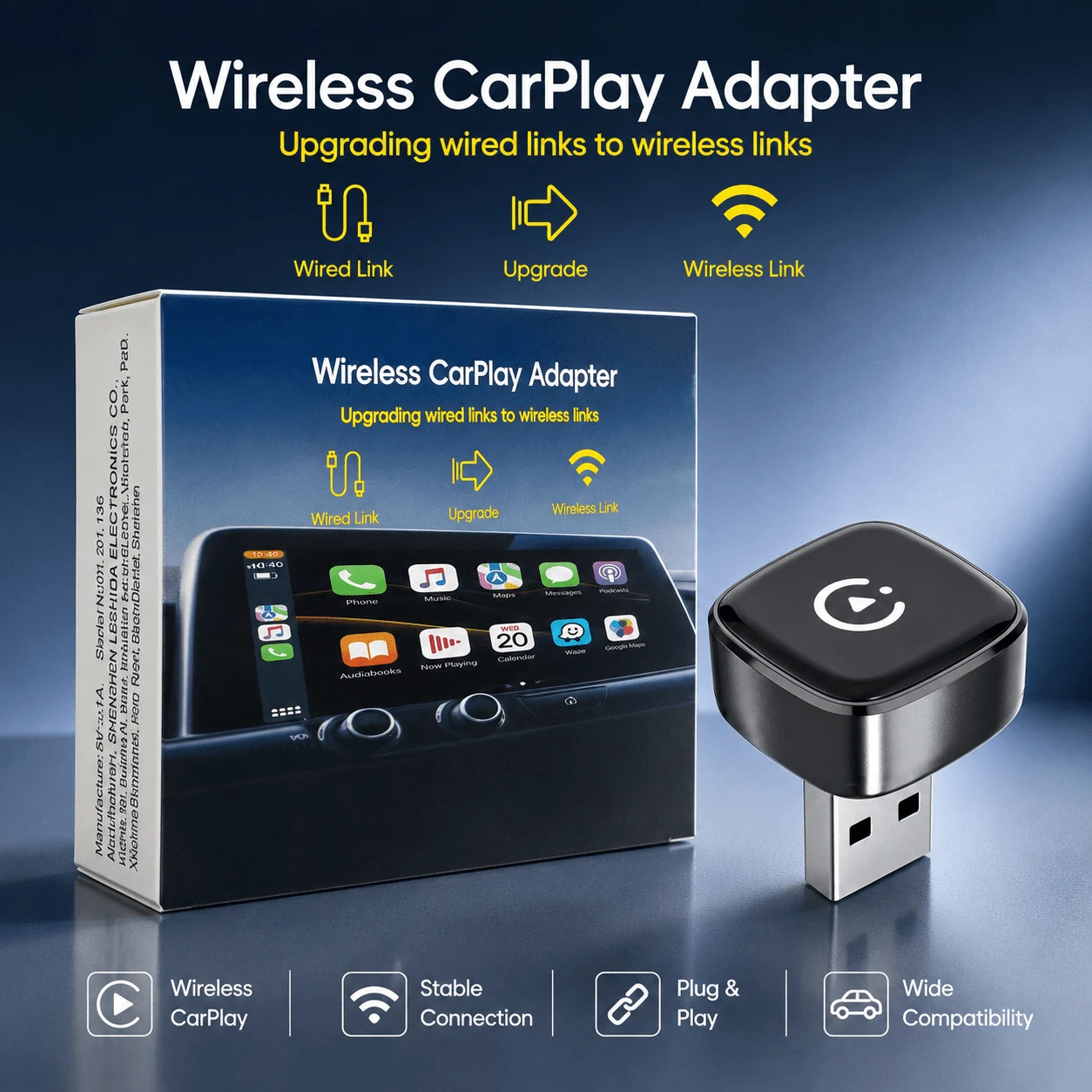 二合一无线 CarPlay 和 Android Auto 适配器,有线转无线转换器,即插即用,15 秒快速连接,自动重连,兼容原厂有线 CarPlay - A - 查看 1