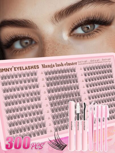 Eimny Kit de 300 piezas para extensiones de pestañas DIY, 30 filas de pestañas postizas naturales 3D con rizo C, con adhesivo, sellador, pinzas, 3 brochas, gran capacidad reutilizable, fórmula impermeable y amigable con la piel, adecuado para principiantes, juego de pestañas en racimo único para maquillaje diario y de viaje