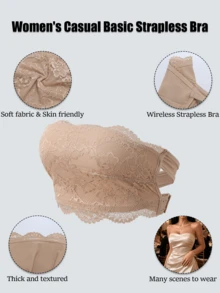 3pcs/Set Wavy Edge Floral Lace Bandeau Bra, Non-Wired Non-Padded Bandeau Bra, Anti-Slip Bandeau Bra, Suitable For Daily Layering - Multicolor - View 6
