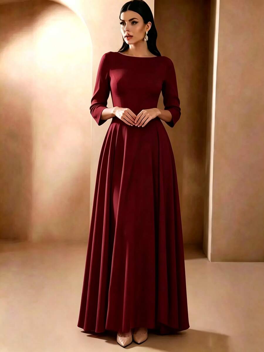 Solid Color Zipper Pleated Summer Minimalist Design Elegant Wedding Dress - Burgundy - View 1
