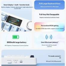 AULA F99 MAX 8000mAh 大容量電池，TFT 智慧螢幕，旋鈕設計，三模連接，熱插拔，墊片機械結構，97 鍵佈局，RGB 背光，PBT 鍵帽，無線電競與辦公鍵盤 - 查看 4