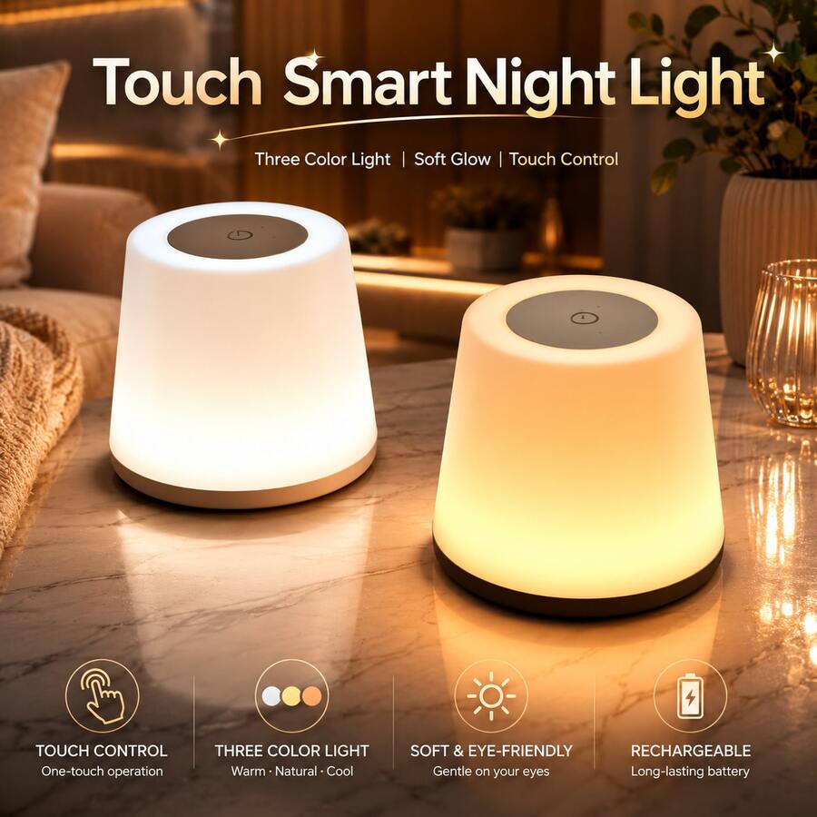 LED床頭睡眠小夜燈,USB充電接口,3色可調光,觸控開關感應,小巧桌面燈,柔和照明,助眠寧靜,便攜易擺放,適用於客廳、臥室、廚房、露營、餐廳等多種場景 - 小夜燈 - 查看 1