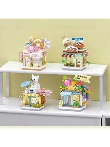4款 1000+片 新創意動物主題街景，可愛貓咪寵物店、水果店、咖啡店、糖果店、美食店，精緻設計，適合作為桌面裝飾、櫥窗展示收藏，女性好友的節日/生日禮物、開學禮物 - 彩色 - 查看 6