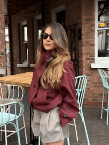 Short Burgundy Trench Coat, French Vintage Style, Blending Urban Mature Cargo Style Aesthetic, Stand Collar Double-Breasted Design, Exuding Coolness And Fashionable Vibe, Suitable For Daily Commute, Casual Socializing And Dating Occasions - Burgundy - View 7
