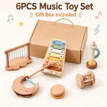 6PCS Wooden Musical Instrument Toy Set, Xylophone, Wind Chime & Rattle Toys With Gift Box, Interactive Sound Play Toy Gift - Beige - View 1