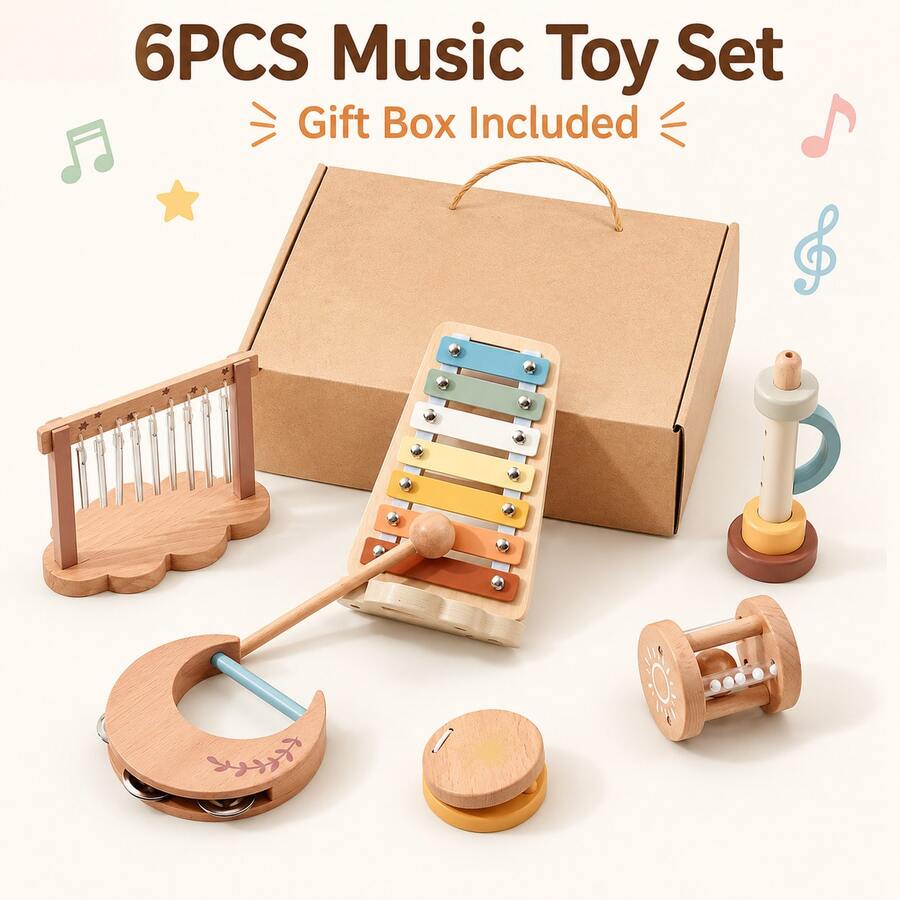6PCS Wooden Musical Instrument Toy Set, Xylophone, Wind Chime & Rattle Toys With Gift Box, Interactive Sound Play Toy Gift - Beige - View 1
