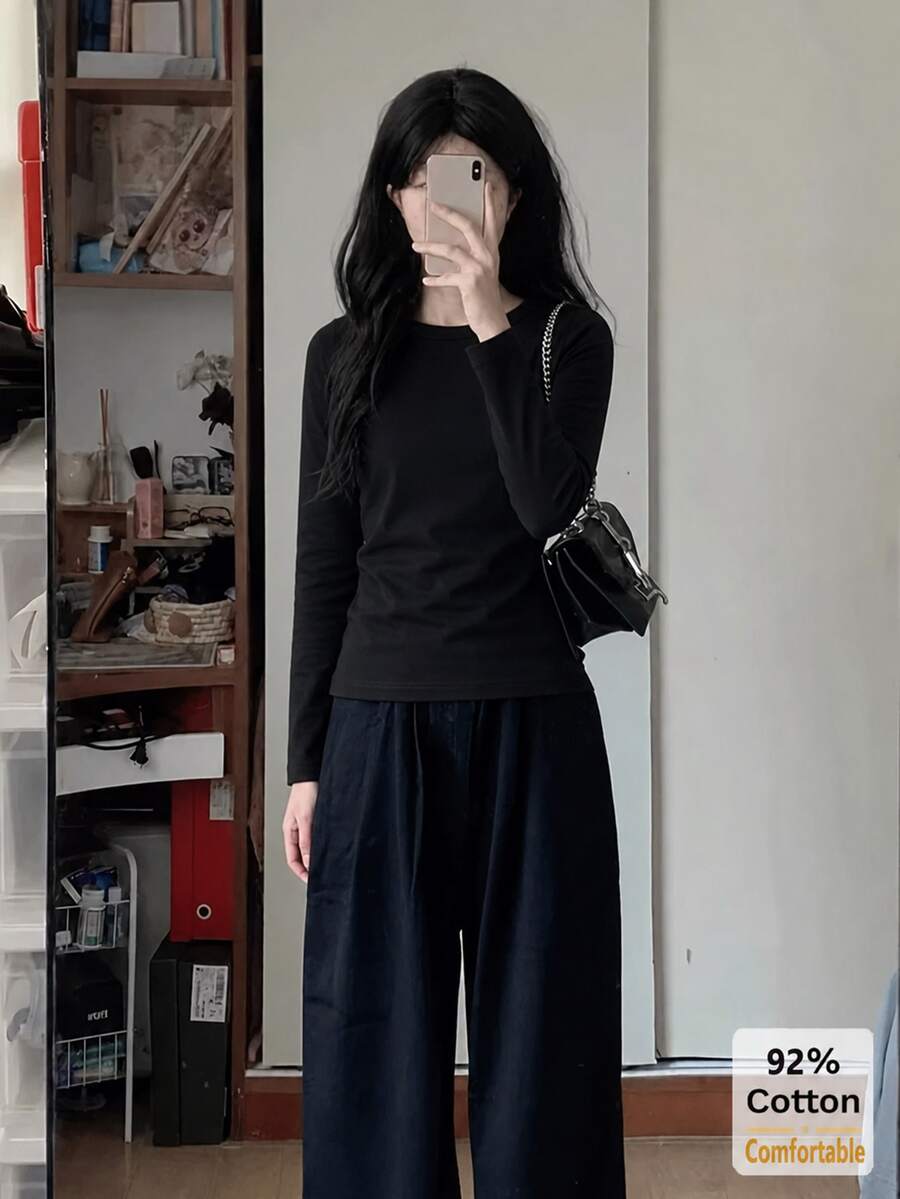 Autumn Long Sleeve T-Shirt, Versatile Black Top For Women, Slimming Solid Color Inner Layer Base Layer - Black - View 1