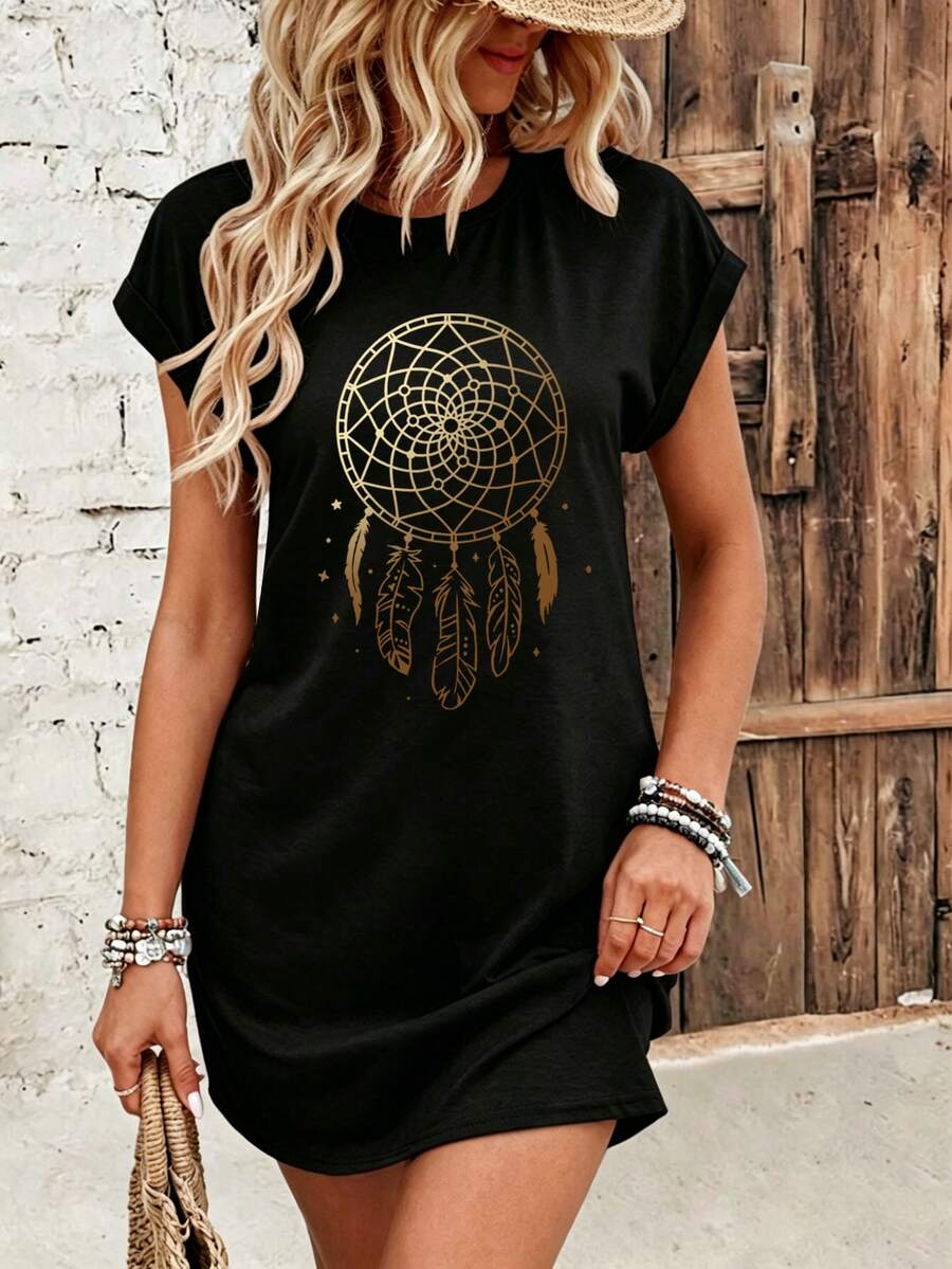 Personalized Custom Women's Summer Short Sleeve Dress, Customizable Logo/Photo/Pattern/Musical Note/Text/Lucky Number/Coachella Music Elegant Black - Black - View 1