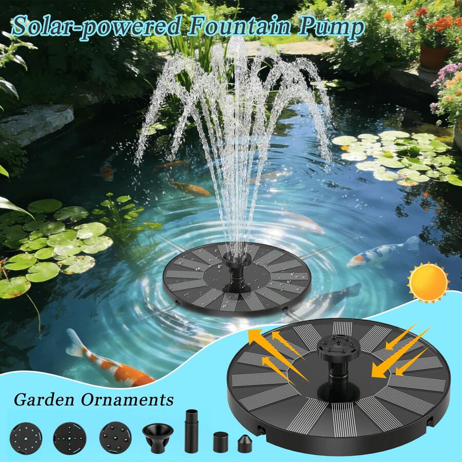 1个IPX8级防水户外太阳能喷泉,升级版太阳能鸟浴喷泉,带6个喷嘴,适用于鸟浴池、花园、池塘、水族箱、游泳池等户外花园装饰,以及独立式太阳能喷泉水泵 - 黑色 - 查看 1