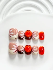 10片裝休閒風手工穿戴甲，Polygel美甲套組，手繪花卉裝飾，黃色、橘紅色與粉色指甲油，獨特風格，附美甲工具，3種尺寸可選，方形、短方形、杏仁形，適合派對、跳舞、日常配戴 - 彩色 - 查看 12