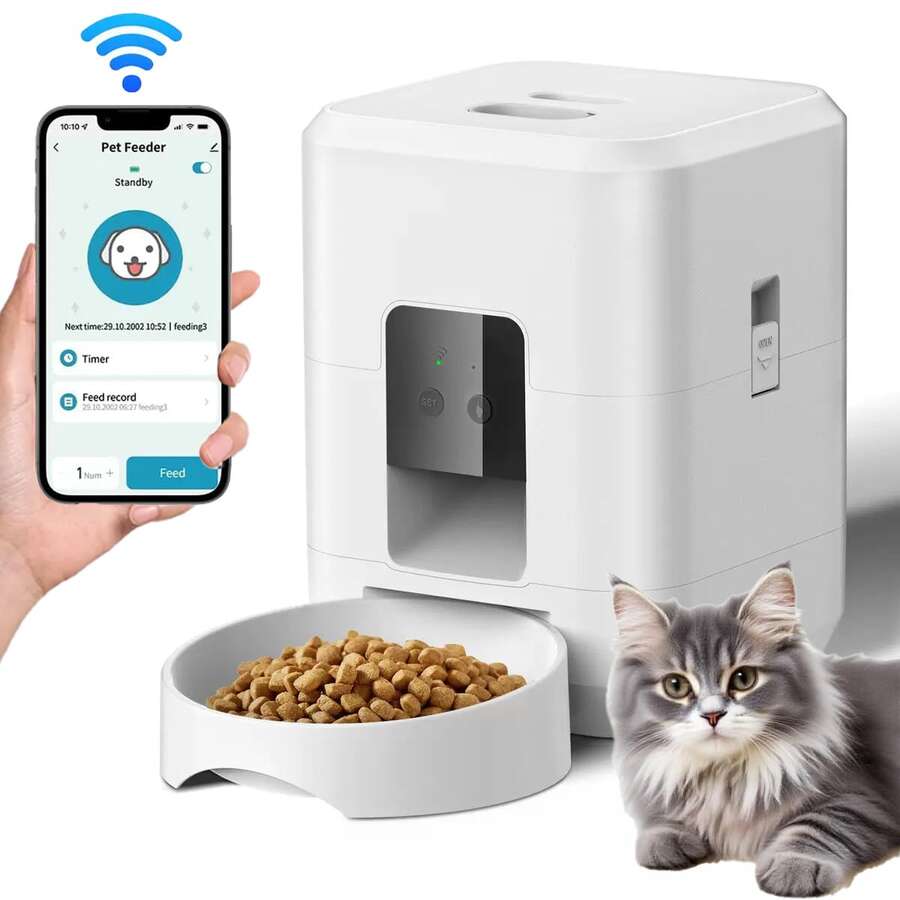 2.4G WiFi自动宠物喂食器，2升/67.64盎司智能宠物食品分配器，APP远程控制，USB充电，适用于定时喂食猫狗 - 2公升 - 查看 1