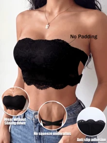 3pcs/Set Wavy Edge Floral Lace Bandeau Bra, Non-Wired Non-Padded Bandeau Bra, Anti-Slip Bandeau Bra, Suitable For Daily Layering - Multicolor - View 7