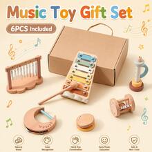 6PCS Wooden Musical Instrument Toy Set, Xylophone, Wind Chime & Rattle Toys With Gift Box, Interactive Sound Play Toy Gift - Beige - View 8