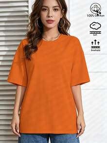Top in cotone arancione personalizzato da donna, vestibilità ampia, per l'estate 2026, con stampa di lettere sul retro, stile minimalista da vacanza - Arancione - Visualizzare 2