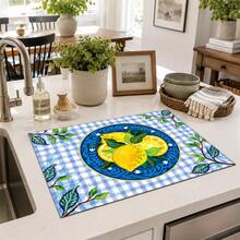 1pc, Home Decor, Lemon Plaid Pattern Printed Dish Drying Mat, Coffee Machine Absorbent Mat, Sink Drain Mat, Cup Absorbent Mat, Kitchen Supplies, Bathroom Supplies, Kitchen Countertop Decor - Multicolor - View 2