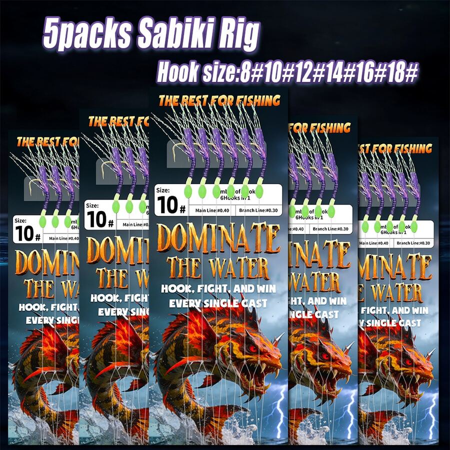 5 Packs Sabiki Rig Color With Glow Beads Pre-Tied Silver Thread Fishing Rigs Imitation Small Baitfish For Mackerel Cod Herring Sardine Bass - Purple - View 1