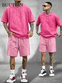 Men's 2PCS Vintage Wash Solid Color T-Shirt&Denim Shorts Set,Oversized Streetwear Casual Summer Co Ord Outfit,90s Retro Casual Loungewear,Mens Clothes - 玫瑰紅 - 查看 1