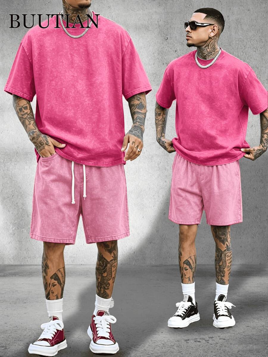 Men's 2PCS Vintage Wash Solid Color T-Shirt&Denim Shorts Set,Oversized Streetwear Casual Summer Co Ord Outfit,90s Retro Casual Loungewear,Mens Clothes - 玫瑰紅 - 查看 1