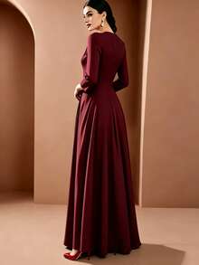 Solid Color Zipper Pleated Summer Minimalist Design Elegant Wedding Dress - Burgundy - View 2
