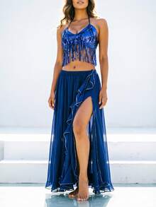 Atasan Crop Top Halter Berhiaskan Payet dan Rumbai untuk Tari Perut, Rok Maxi Chiffon Berpotongan Tinggi dengan Hiasan Perak untuk Pertunjukan Panggung & Karnaval - MultiWarna - View 13