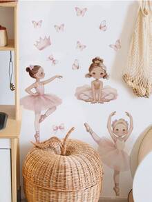 1pc Ins Gentle Dreamy Ballet Princess Wall Sticker, Butterfly Crown Watercolor Girl Design, Removable Self-Adhesive Wall Decal For Girls Bedroom - Wall Stickers - View 5
