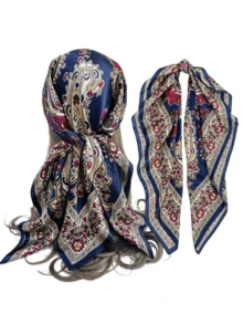 Large Square Satin Silky Touch Headscarf, Bohemian Vintage Paisley Floral Print Fashion, Luxury Smooth Soft Hair Scarf, Elegant Hair Accessory For Women And Girls, Headscarf, Neck Scarf, Bag Strap, Daily Casual Street Style, Bohemian Aesthetic, OOTD, Travel, Beach Vacation, Summer Holiday, Valentine's Day, Mother's Day, Birthday, Graduation Gift, Accessory, Multiple Styles - Multicolor - View 3