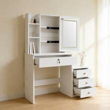 Split Dressing Table With Square Bright Mirror, White Dressing Table With Removable Drawers (Nightstand), Storage Rack, Bedroom Storage Rack, Space-Saving Dressing Table, Suitable For Small Space, Suitable For Holiday Gifts For Girls, Moving Gifts - White - View 3