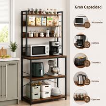  Estantería de Cocina de 6 Niveles, Estantería para Microondas con 6 Ganchos, Organizador de Panadería con Marco de Acero Industrial, 80 x 40 x 173 cm, Marrón Rústico - Marrón - Ver 2